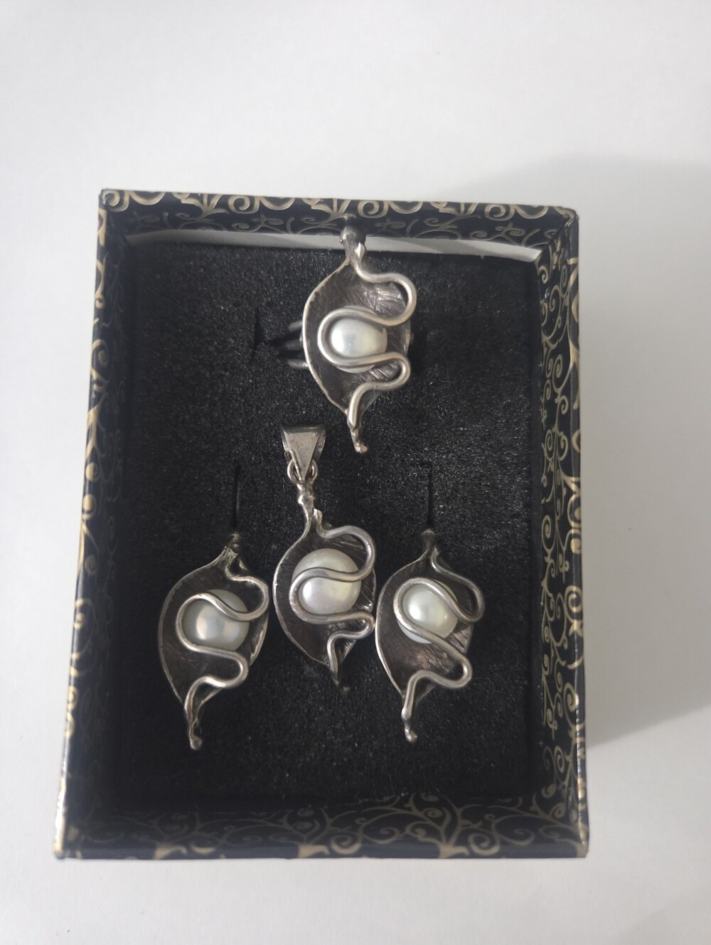 Silver set earrings, necklace, and ring